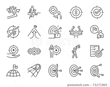 Target and Goal line icon set. Included the icons as achievement, business goal, mission, marketing, and more. Target and Goal line icon set. Included the icons as achievement, business goal, mission, marketing, and more. 73271905