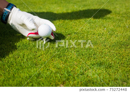 Hand hold golf ball with tee on course, close up Hand hold golf ball with tee on course, close up 73272448