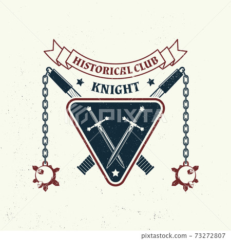 Knight historical club badge design. Vector illustration Concept for shirt, print, stamp, overlay or template. Vintage typography design with flail and shield silhouette. Knight historical club badge design. Vector illustration Concept for shirt, print, stamp, overlay or template. Vintage typography design with flail and shield silhouette. 73272807