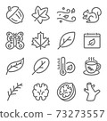 Fall Autumn Season icon illustration vector set. Contains such icons as Leaves, Winter, Coffee, Butterfly, Walnut, Squirrel, and more. Expanded Stroke 73273557