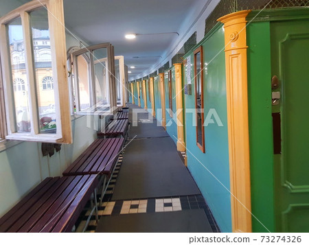 The Szecheny Baths in  Budapest Hungary were established in 1913 and are the largest public thermos mineral baths facility in Europe 73274326