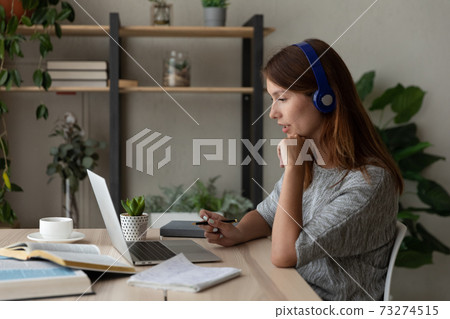 Caucasian woman in earphones talk on video call on computer 73274515