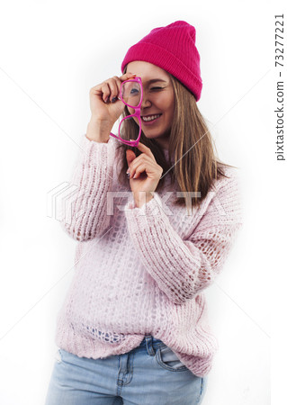 young pretty stylish hipster girl posing emotional isolated on white background happy smiling cool smile, lifestyle people concept 73277221
