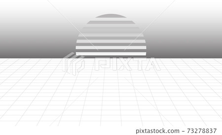Setting sun retro futuristic surface monochrome synthwave background. Geometric white mesh with gray striped luminary. 73278837