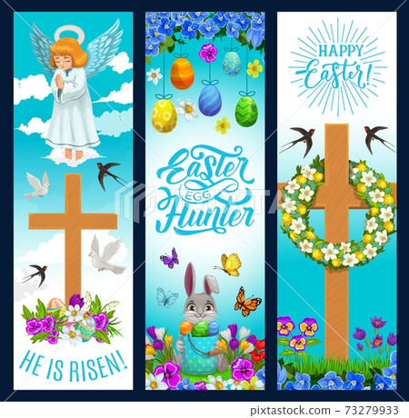 Happy Easter holiday egg hunt, angel and flowers 73279933