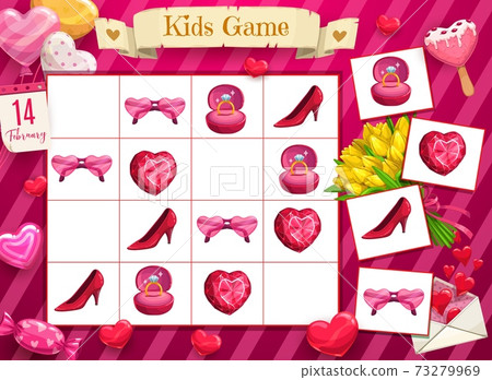 Saint Valentine day child rebus, logical game 73279969