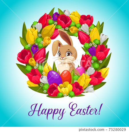 Happy Easter card with bunny inside flower wreath 73280029