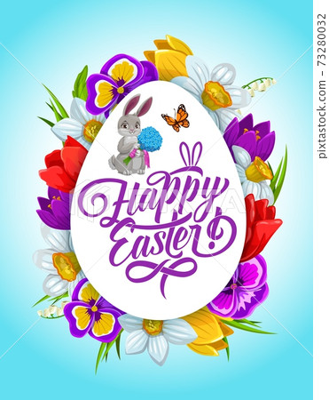 Easter holiday egg shaped frame, flower wreath 73280032