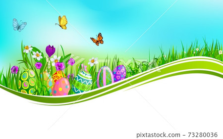 Easter eggs with green grass wave banner Easter eggs with green grass wave banner 73280036