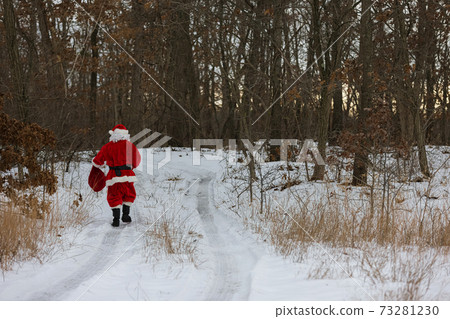 Santa Claus walking through the winter forest carrying Christmas presents in a red bag Santa Claus walking through the winter forest carrying Christmas presents in a red bag 73281230