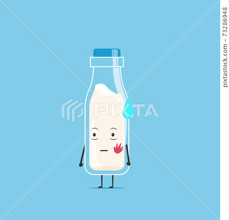 a bottle of white milk character got a slap on the face isolated on cyan background. a bottle of white milk character emoticon illustration 73286948