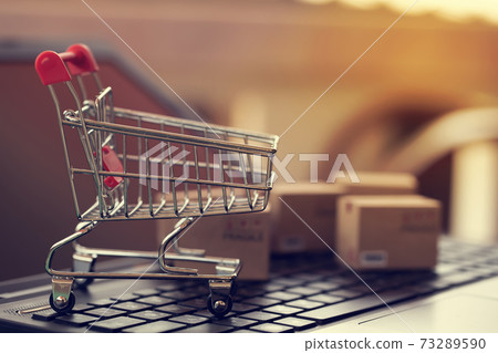 Online marketing and payment concept: Shopping cart with smartphone on laptop computer and icon online shopping and social media networking. 73289590