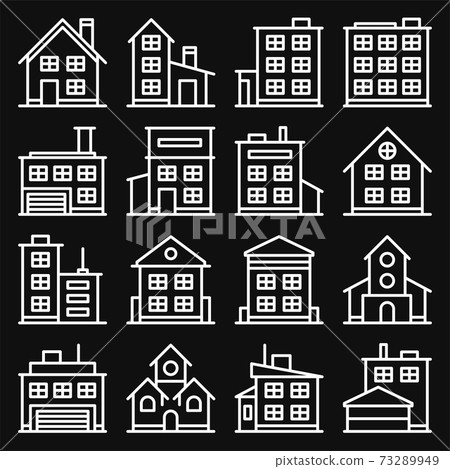 Building Icons Set on Black Background. Line... - Stock Illustration ...