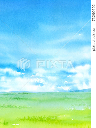 Landscape of blue sky and field Watercolor illustration A4 vertical 73290602