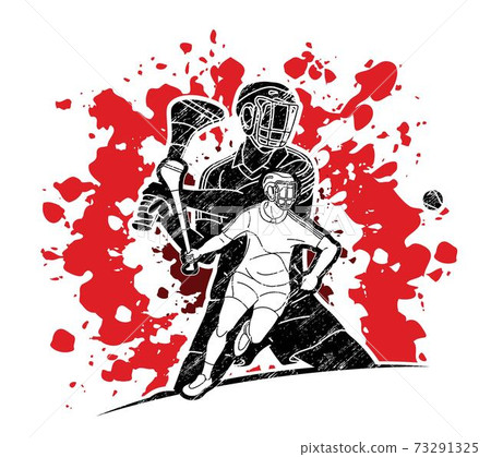 Group of Hurling sport players action. Irish Hurley sport cartoon graphic vector. 73291325
