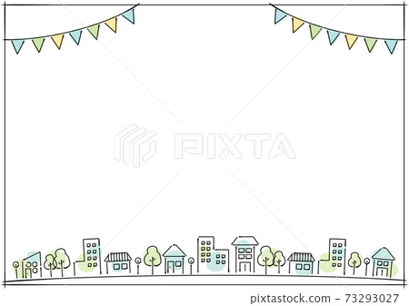 手繪線圖市容和花環框架背景水彩風格A3側-插圖素材[73293027] - PIXTA圖庫