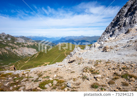Mountain landscape and Mone Pass in Pralognan la Vanoise, French alps 73294125
