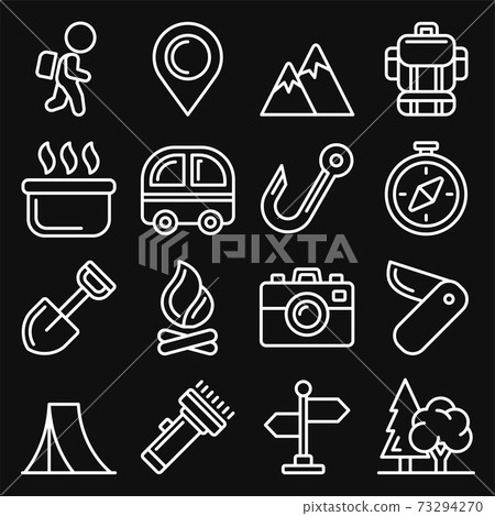Camping Icons Set on Black Background. Line Style Vector Camping Icons Set on Black Background. Line Style Vector 73294270