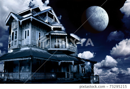 Haunted house. Old abandoned house on night sky background Haunted house. Old abandoned house on night sky background 73295215