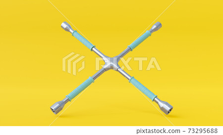 Wheel car wrench Blue color on yellow background. Wheel car wrench Blue color on yellow background. 73295688