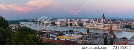 Hungary Budapest Parliament Building and Danube River at dusk Hungary Budapest Parliament Building and Danube River at dusk 73295863