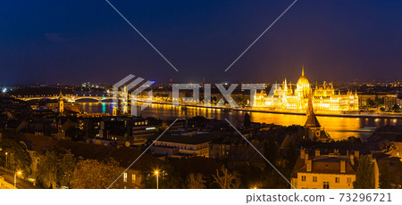Hungarian Parliament Building at night seen from the Fisherman's Bastion in Budapest Hungarian Parliament Building at night seen from the Fisherman's Bastion in Budapest 73296721