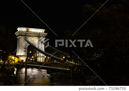 Hungary Illuminated Szechenyi Chain Bridge in Budapest 73296750