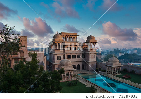 The Hindu style towers on the roof of Castle Mandawa, Rajasthan, India 73297932