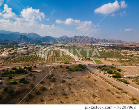Hatta town aerial cityscape in Dubai emirate of the UAE Hatta town aerial cityscape in Dubai emirate of the UAE 73297968