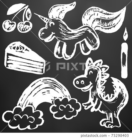 Cute children's drawing. Colored wax crayons. Icons, signs, symbols, pins 73298403