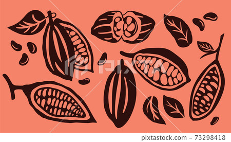 Cocoa pod and many raw beans set isolated on orange background. Logo template. Vector illustration. 73298418