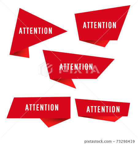 Set of red color origami stickers template with attention text in a flat design on white background. Vector illustration. Set of red color origami stickers template with attention text in a flat design on white background. Vector illustration. 73298419