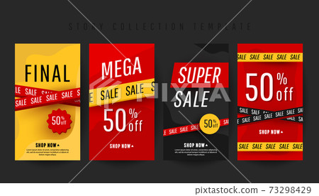 Editable vertical banner stories template with super discount text and sale decor elements on red and yellow background. Editable vertical banner stories template with super discount text and sale decor elements on red and yellow background. 73298429
