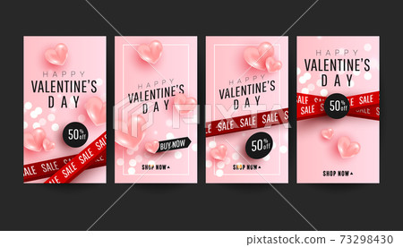 Happy valentine's day social media vertical template set collection with pink 3d love balloons. Special offer big sale background Happy valentine's day social media vertical template set collection with pink 3d love balloons. Special offer big sale background 73298430