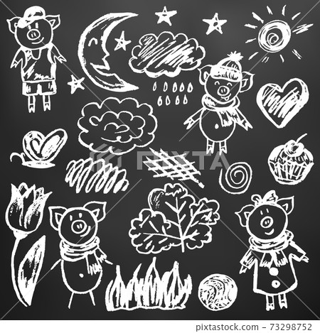 Cute children's drawing. Colored wax crayons. Icons, signs, symbols, pins 73298752