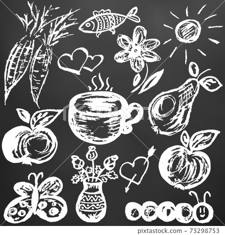 Cute children's drawing. Colored wax crayons. Icons, signs, symbols, pins Cute children's drawing. Colored wax crayons. Icons, signs, symbols, pins 73298753