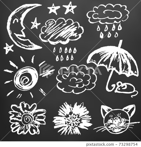 Cute children's drawing. Colored wax crayons. Icons, signs, symbols, pins Cute children's drawing. Colored wax crayons. Icons, signs, symbols, pins 73298754