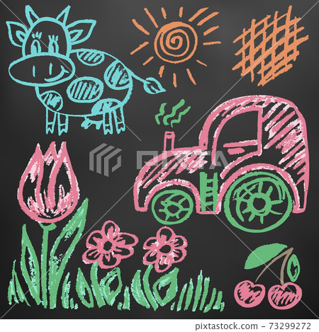 Cute children's drawing. Colored wax crayons. Icons, signs, symbols, pins 73299272