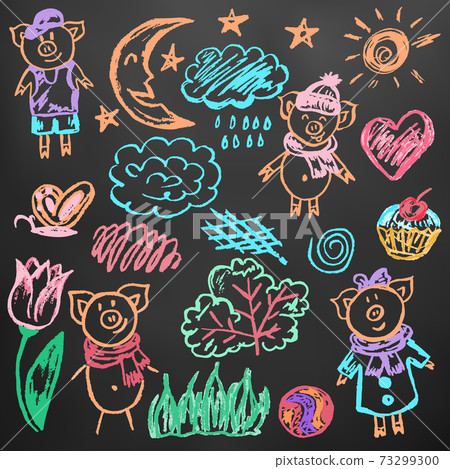 Cute children's drawing. Colored wax crayons. Icons, signs, symbols, pins 73299300