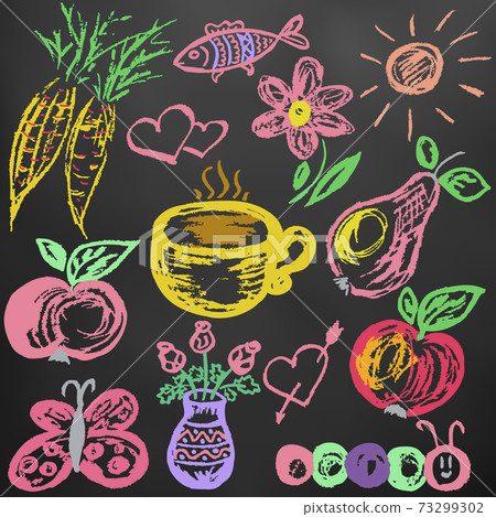 Cute children's drawing. Colored wax crayons. Icons, signs, symbols, pins Cute children's drawing. Colored wax crayons. Icons, signs, symbols, pins 73299302