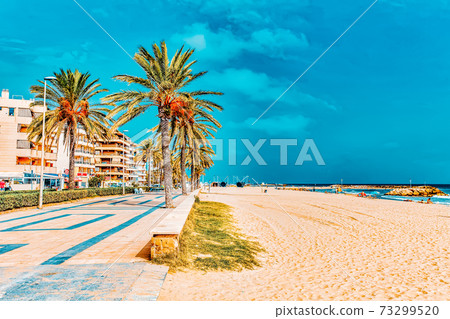 Seafront, beach,coast in Spain. Suburb of Barcelona, Catalonia 73299520