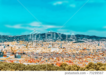 Panorama on Barcelona city from Montjuic castle.Catalonia. Spain. 73299567