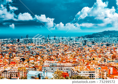 Panorama on Barcelona city from Montjuic castle.Catalonia. Spain. 73299572