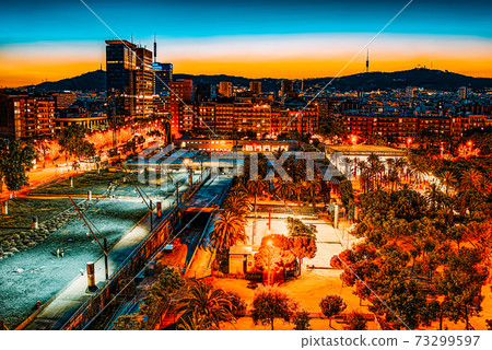 Panorama on the urban center of Barcelona, the capital of the Au 73299597