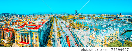 Panorama on whole Barcelona modern and historical areas. Spain. Panorama on whole Barcelona modern and historical areas. Spain. 73299607