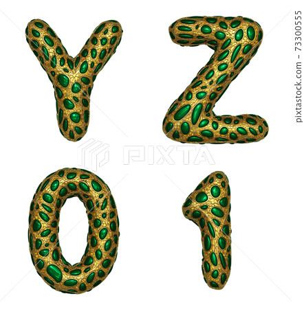 Letter set Y, Z, 0, 1 made of realistic 3d render golden shining metallic. 73300555