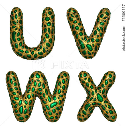 Letter set U, V, W, X made of realistic 3d render golden shining metallic. 73300557