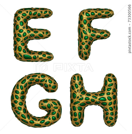 Letter set E, F, G, H made of realistic 3d render golden shining metallic. 73300566