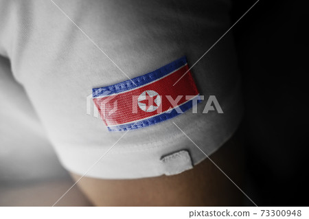 Patch of the national flag of the North Korea on a white t-shirt 73300948