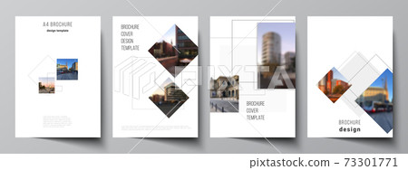 Vector layout of A4 format cover mockups design templates with geometric simple shapes, lines and photo place for brochure, flyer layout, booklet, cover design, book, brochure cover. Vector layout of A4 format cover mockups design templates with geometric simple shapes, lines and photo place for brochure, flyer layout, booklet, cover design, book, brochure cover. 73301771